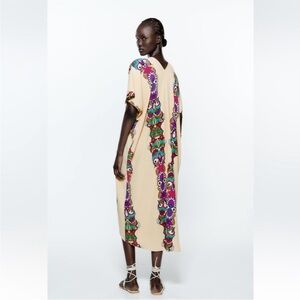 ZARA Kaftan Multicolored Printed Tunic Midi Dress Size XS Resortwear Beach